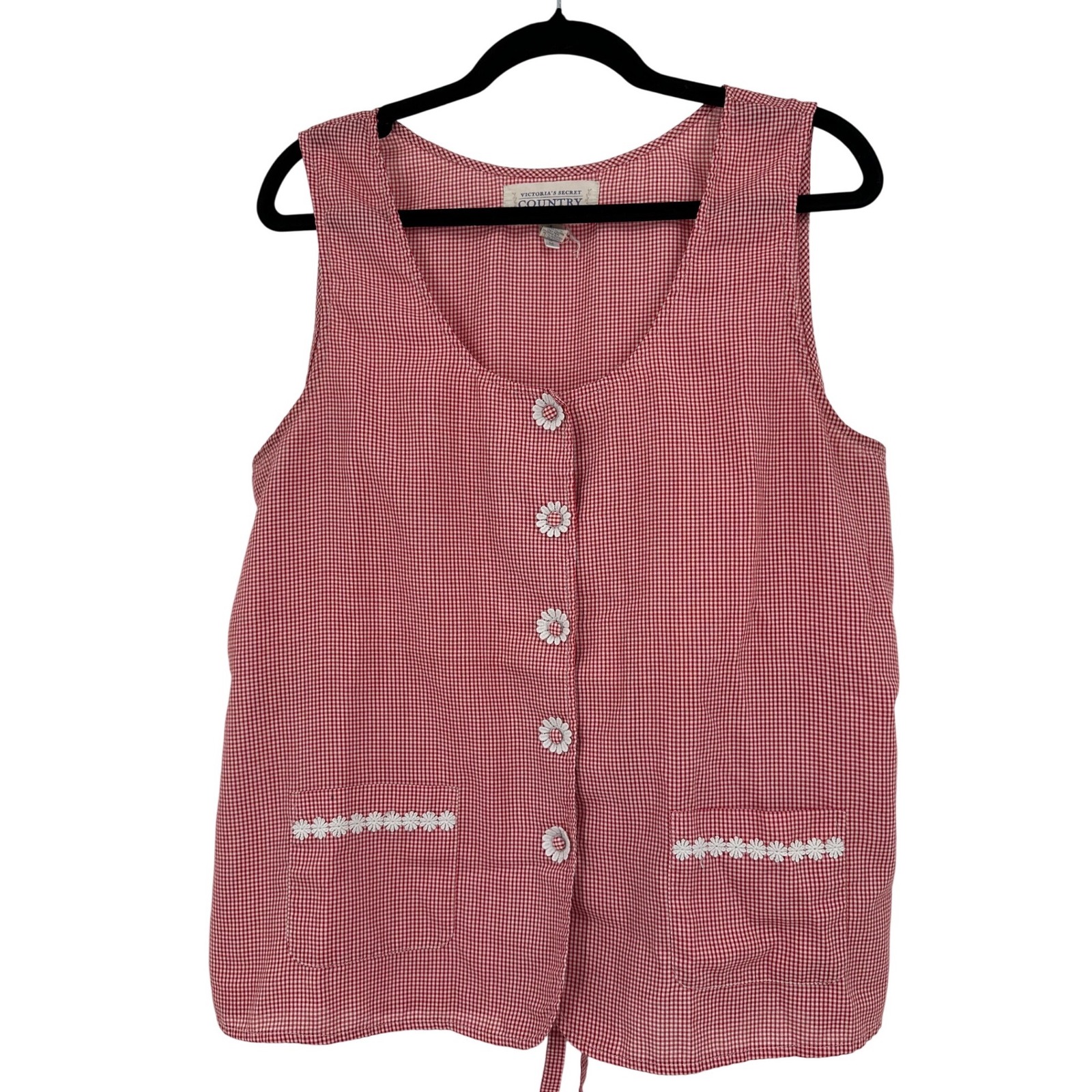 Vtg Victorias Secret Country Gingham Daisy Button Vest Top Red White L Cottage